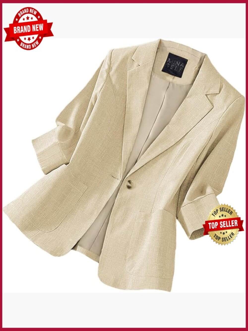 Lightweight Linen Blazer 3/4 Sleeve - Button Front Office Jacket with Pockets